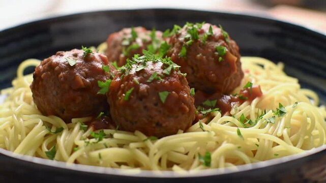 Close-up footage of steaming hot meatballs served over a bed of freshly cooked noodles, garnished with chopped parsley