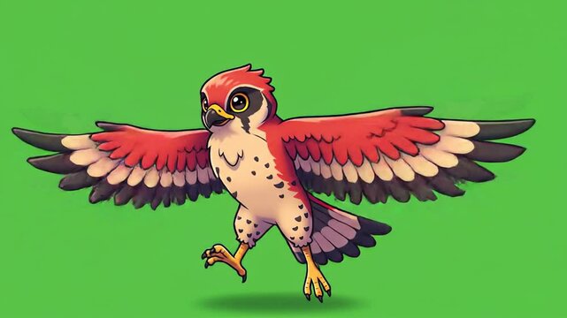 Colorful cartoon bird of prey in flight against green background