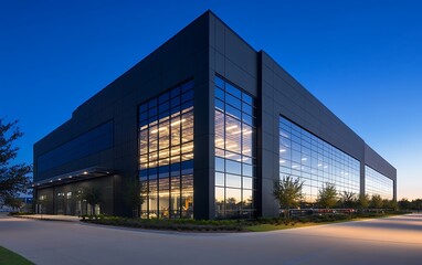 Dark modern industrial building showcases large glass window facades and sleek architectural design during twilight