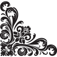 Elegant Black Floral Corner Ornament Vector Design with Vintage Swirl Patterns – Decorative Botanical Frame Element for Invitations, Tattoos, and Graphic Projects.