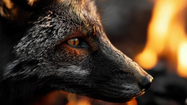 Close up profile of a silver fox with striking amber eyes in warm light