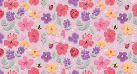 Floral Spring Seamless Pattern: Bees, Ladybugs & Flowers