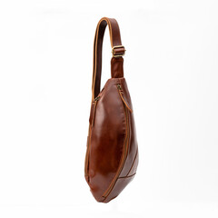 Blank brown leather sling bag isolated on white background, perfect for leather product catalogue