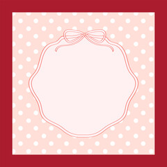 Pretty round frame from ribbon with bow and space for text. Vintage ribbon frame on red square background. Pink card for invitation or holiday