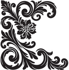 Elegant Black Floral Corner Ornament Vector Design with Vintage Swirl Patterns – Decorative Botanical Frame Element for Invitations, Tattoos, and Graphic Projects.