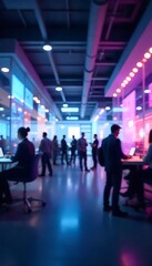 Generative AI Contemporary office space illuminated with neon ambiance and busy professionals