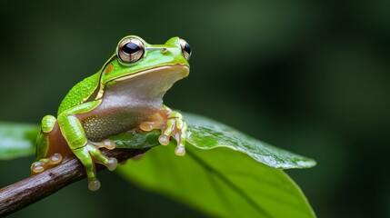 Naklejka premium Vibrant Green Tree Frog on Leaf - Close-up of a bright green tree frog perched on a lush green leaf and a branch