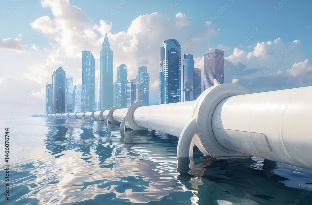Poster 水上の白いパイプラインと明るい空を背景にした未来的な都市のスカイライン アーキテクチャと輸送インフラストラクチャとモダンなデザイン