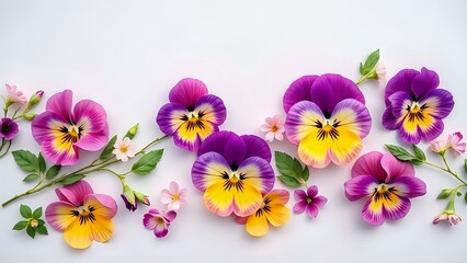 Beautiful Tricolor Pansy Flowers Line Arrangement on White Background Flatlay