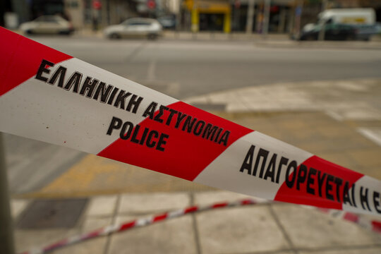 police tape from Geece , greek police ribbon  in the streets of Thessaloniki