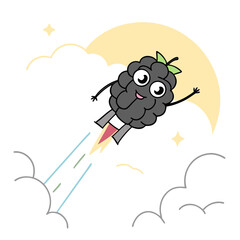 Naklejka premium Cartoon blackberry flying with jetpack against a colorful sky 