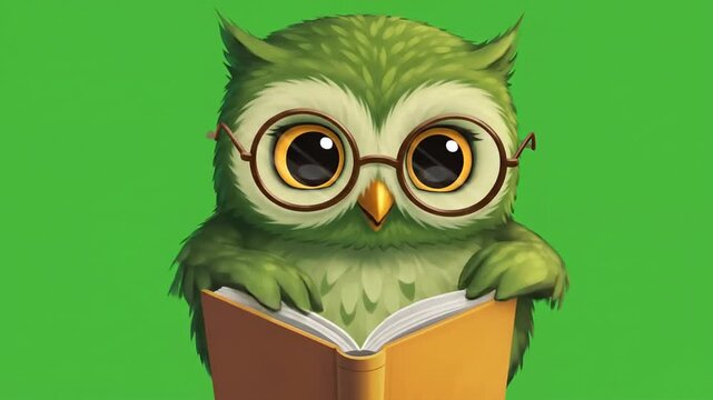 Cute cartoon owl reading a book with round glasses