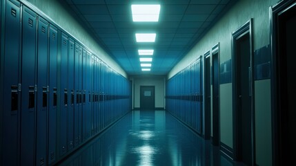 Fototapeta premium Empty school hallway at night, lit by fluorescent lights, lined with blue lockers. A long, dark corridor with rows of metal lockers. Cool, muted tones. A sense of loneliness and isolation