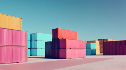 Colorful shipping containers stacked outdoors against a clear blue sky.