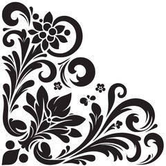 Elegant Black Floral Corner Ornament Vector Design with Vintage Swirl Patterns – Decorative Botanical Frame Element for Invitations, Tattoos, and Graphic Projects.