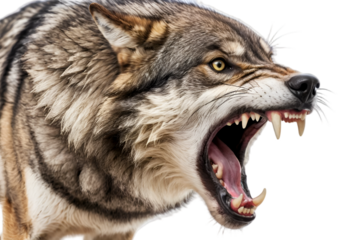 Snarling Wolf Showing Teeth in Aggressive  isolated on white background