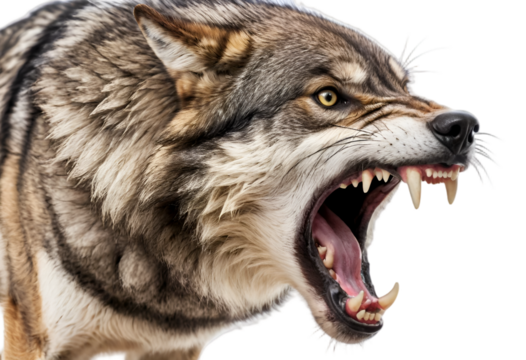 Snarling Wolf Showing Teeth in Aggressive  isolated on white background