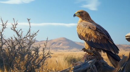 Fototapeta premium Golden eagle perched on a driftwood log in a desert landscape under a clear sky