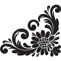 Elegant Black Floral Corner Ornament Vector Design with Vintage Swirl Patterns – Decorative Botanical Frame Element for Invitations, Tattoos, and Graphic Projects.
