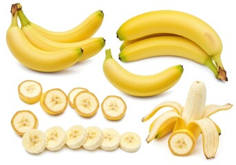 Arrangement of whole and sliced bananas with one peeled banana on white background