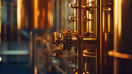 Industrial brewery equipment with copper pipes and tanks in a manufacturing setting.