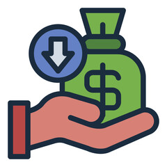 money bag filled line icon with income amount in hand