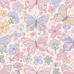 Fototapeta premium Pastel Butterflies and Flowers Seamless Pattern