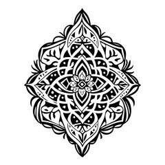 Ornate symmetrical motif design with detailed floral elements in black and white