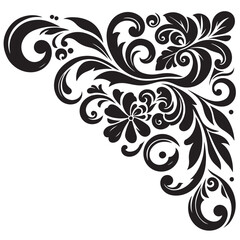 Elegant Black Floral Corner Ornament Vector Design with Vintage Swirl Patterns – Decorative Botanical Frame Element for Invitations, Tattoos, and Graphic Projects.