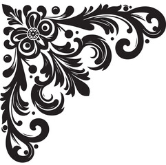 Elegant Black Floral Corner Ornament Vector Design with Vintage Swirl Patterns – Decorative Botanical Frame Element for Invitations, Tattoos, and Graphic Projects.