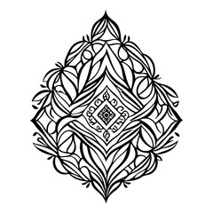Ornate teardrop-shaped black and white abstract decorative hand-drawn element
