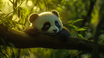 Obraz premium baby panda resting on a tree branch surrounded by bamboo leaves cinematic lighting soft tones ultra detailed.