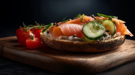 Delicious smoked salmon bagel topped with fresh cucumber and herbs