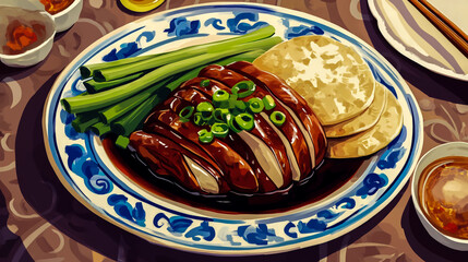 Elegant Peking Duck Served with Pancakes Hoisin Sauce and Scallions on Ornate Porcelain in Luxurious Chinese Banquet Style.