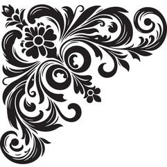 Elegant Black Floral Corner Ornament Vector Design with Vintage Swirl Patterns – Decorative Botanical Frame Element for Invitations, Tattoos, and Graphic Projects.