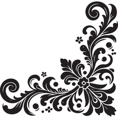 Elegant Black Floral Corner Ornament Vector Design with Vintage Swirl Patterns – Decorative Botanical Frame Element for Invitations, Tattoos, and Graphic Projects.