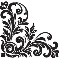 Elegant Black Floral Corner Ornament Vector Design with Vintage Swirl Patterns – Decorative Botanical Frame Element for Invitations, Tattoos, and Graphic Projects.