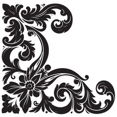 Elegant Black Floral Corner Ornament Vector Design with Vintage Swirl Patterns – Decorative Botanical Frame Element for Invitations, Tattoos, and Graphic Projects.
