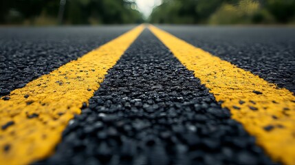 Asphalt road with yellow lines disappearing to a distant blurry horizon