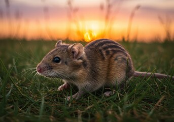 Striped grass mouse in green grass field against a sunset sky