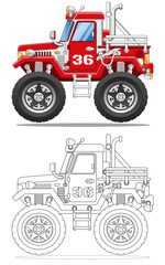 Naklejka premium Funny monster truck. Coloring. Side view. Isolated on white background. Vector illustration.