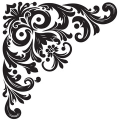 Elegant Black Floral Corner Ornament Vector Design with Vintage Swirl Patterns – Decorative Botanical Frame Element for Invitations, Tattoos, and Graphic Projects.