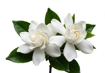 Obraz premium Two white gardenia flowers with green leaves on a white background