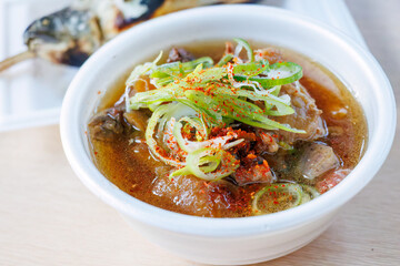 牛すね肉の煮込み。
宮ヶ瀬湖畔の食堂で購入した美味しいアユの塩焼きと牛すね肉の煮込みと缶ビールと日本酒。
神奈川県清川村、早戸川林道-2025年
