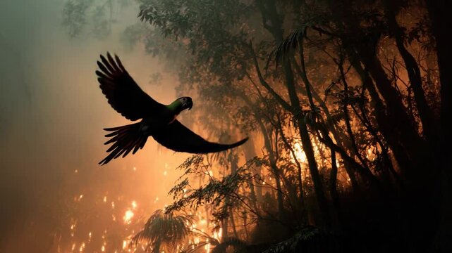 Parrot taking flight amidst forest wildfire dramatic nature photography