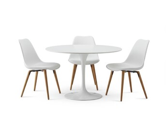 White round table with three chairs isolated on white background studio shot