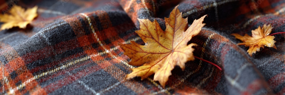 Poster Tartan Pattern Fabric Adorned With Dried Maple Leaves Capturing Autumns Essence in a Cozy Setting Generative AI