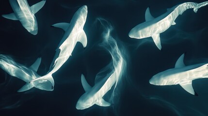 Fototapeta premium Silhouettes of sharks in a dark, teal-toned underwater scene. Light reflects off their bodies