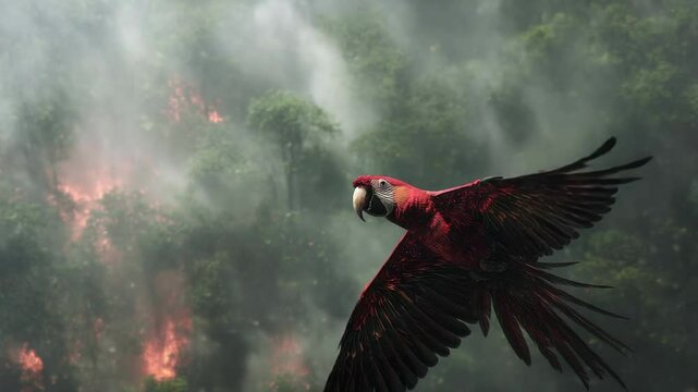 Red parrot soaring above a disturbed rainforest