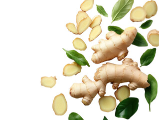 Fototapeta premium Fresh Ginger Root with Slices and Green Leaves on a Dark Background for Culinary Use on transparent background
